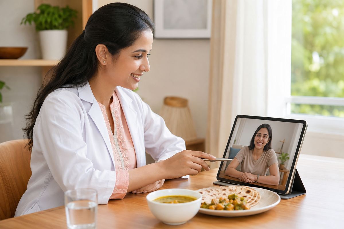 Dietitian giving an online diet consultation over video call